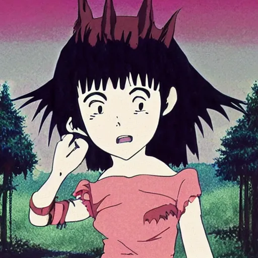 Image similar to an anime film vhs cover for a film by miyazaki of studio ghibli and tim burton, of a pastel goth vampire bat woman learning how to live in an empty cottage by herself in the middle of the woods, old vintage vhs, scan lines, grainy quality, real anime, fairies