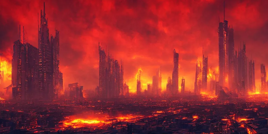 Image similar to cyberpunk moscow, burning houses, demons, evacuation of the city, red horizon, fire on the background