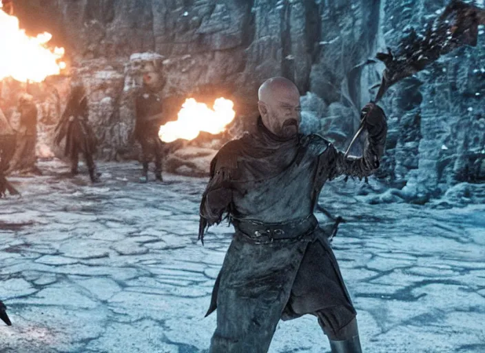 Prompt: a screenshot of walter white fighting the night king with a sword in an episode of game of thrones