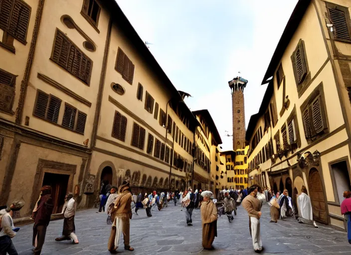 Image similar to street scene from a 2 0 1 0 film set in 1 4 5 0 showing florence italy