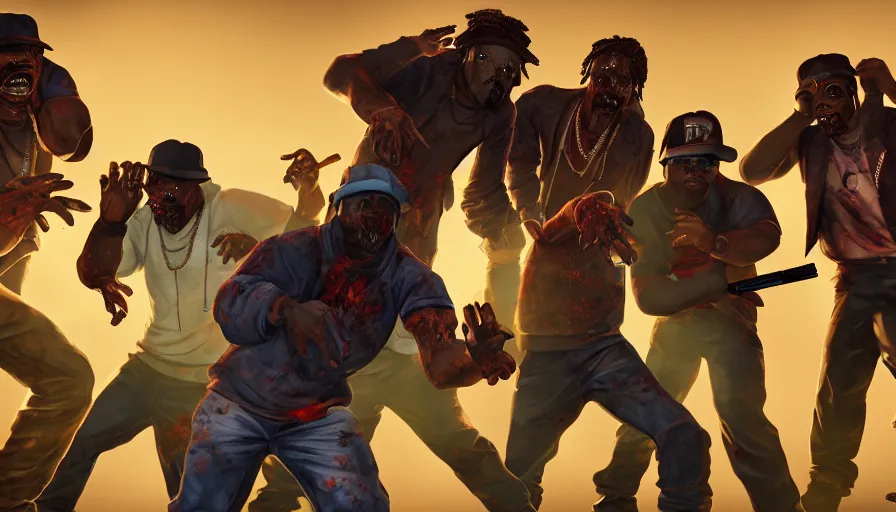 Prompt: full - body action shot of a gangsta rap group n. w. a. fighting a horde of zombies, in the style of boondocks, mist, epic, cinematic, volumetric lighting, symmetry, fantasy style, highly - detailed, unreal 5, realism,