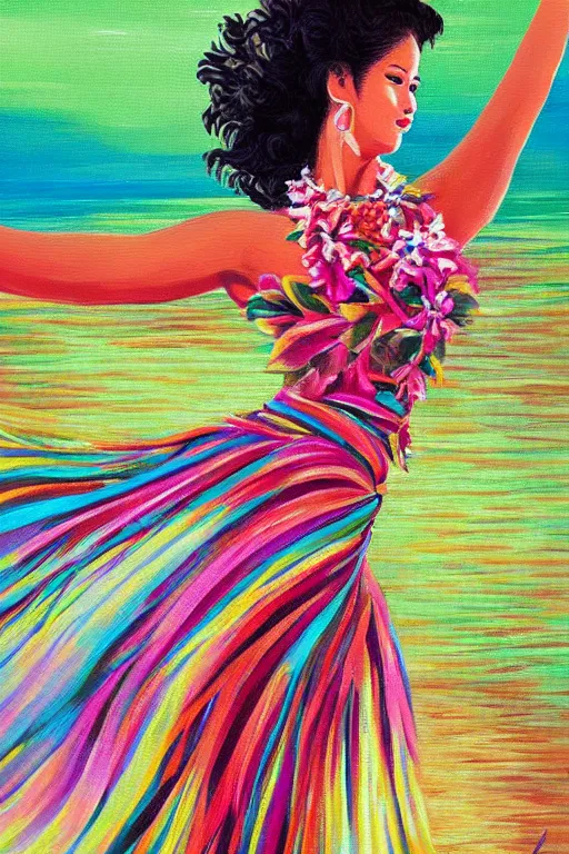 Prompt: authentic acrylic painting of hawaiian hula dancer, high detail, beautiful background, hawaiian postcard style