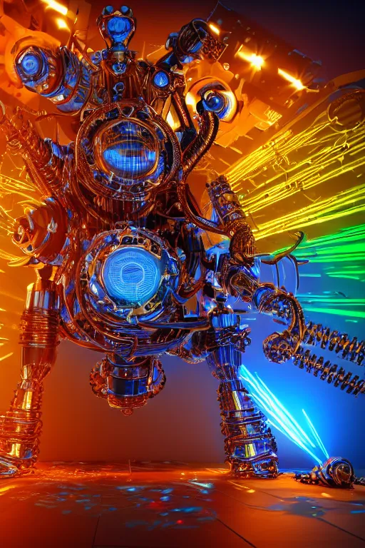 Image similar to photo of a giant huge golden and blue metal steampunk robothead covered with multicolored tubes and gears, eyes are glowing red lightbulbs, arms are made of guitars, shiny crisp finish, 3 d render, 8 k, insaneley detailed, fluorescent colors, background is multicolored lasershow