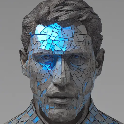 Prompt: sculpture of a human figure made of fractured glass, high quality render, volumetric lighting, colorful