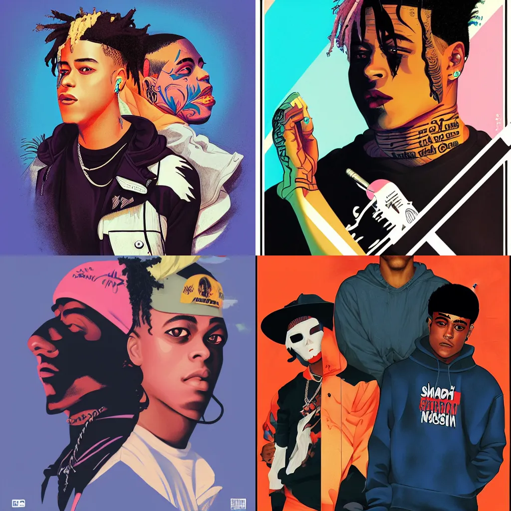 Prompt: XXXTentacion and Ski Mask the Slump God smoke by Sachin Teng + Karol Bak + Rolf Armstrong