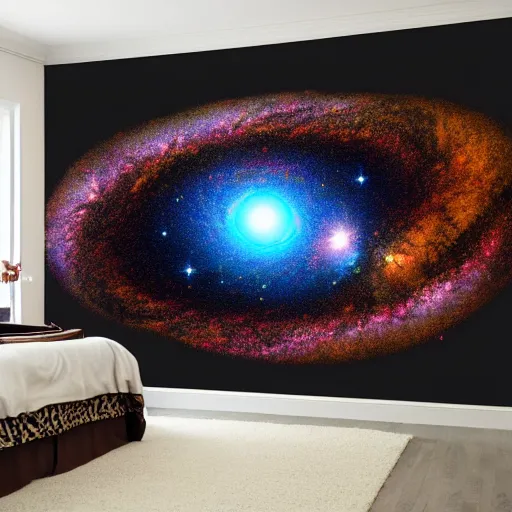 Image similar to an 8 k hi res realistic digital pic of a mural depicting a galaxy in the shadow of a jaguar