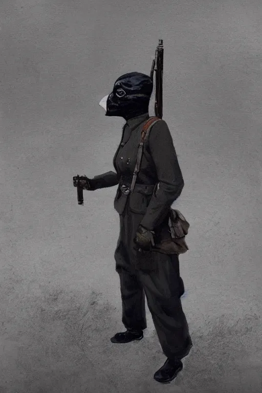 Image similar to ww 1 british sas female masked operative with the standard black uniform and a white porcelain crow mask, artstation, trending on artstation, establishing shot, by simon stalenhag