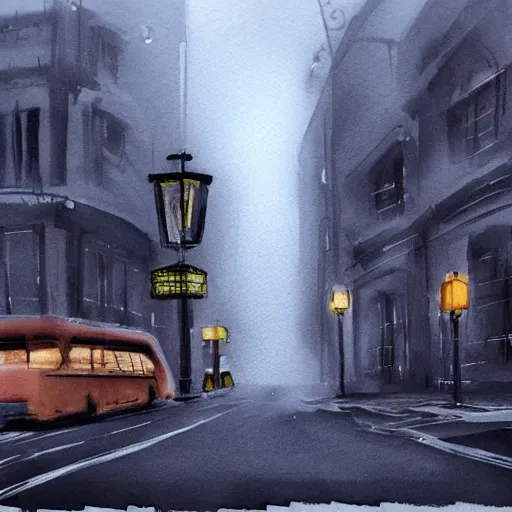 Prompt: dark city bus stop, ghibli style in wet on wet watercolor, very detailed,ArtStation