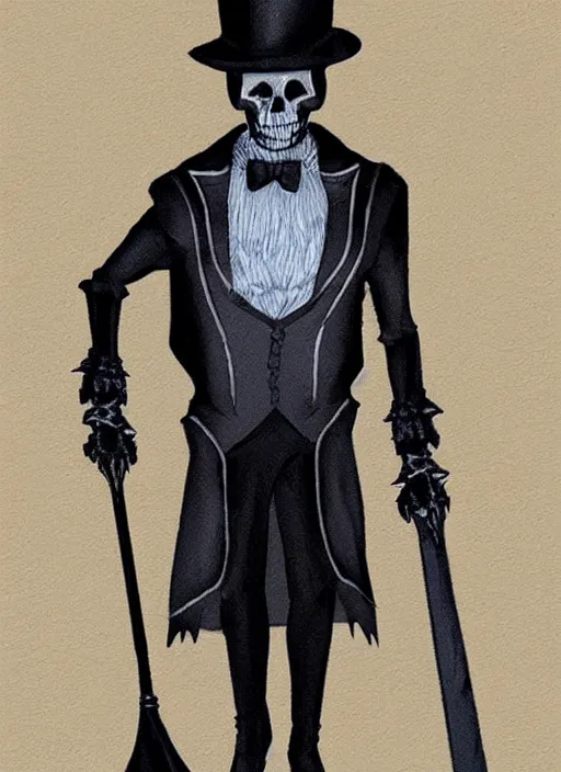 Image similar to DND character art, skeletal male figure, wearing a deep black suit!!! and tie and top hat, holding a gold! cane!, blue flames!!