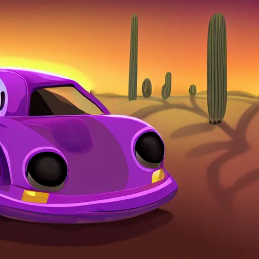 Image similar to turtle driving a fast purple car in the desert, trending on artstation, cinematic