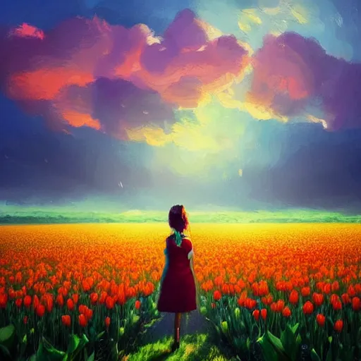 Image similar to tulip head, girl floating in a flower field, surreal photography, sunrise dramatic light, impressionist painting, colorful clouds, digital painting, artstation, simon stalenhag