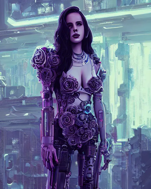 Prompt: portrait of lana del rey as a cyberpunk cyborg. roses, sci - fi, intricate abstract upper body intricate artwork, by tooth wu, wlop, beeple, dan mumford. concept art, octane render, deviantart, greg rutkowski, cinematic arthouse, key art, hyper realism, iridescent accents