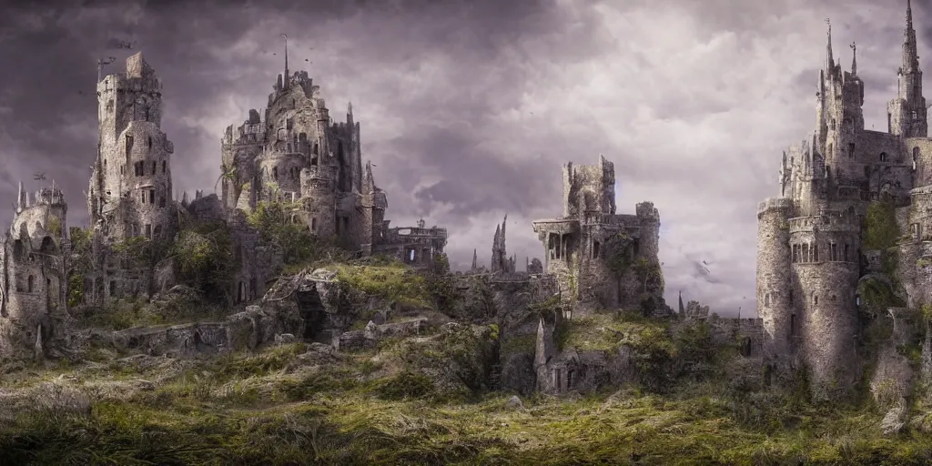 Image similar to matte painting, castle, dramatic landscape, overgrown