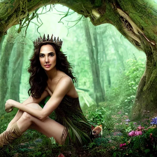 Image similar to Portrait of the beautiful woman Gal Gadot as a forest nymph, she is posing, she has a crown of flowers, she is sitting on an ancient ruins, there is fog and lots of extravagant insects, she is getting ulluminated by wood fire, the photo was taking by Annie Leibovitz, matte painting, oil painting, naturalism, 4k, 8k