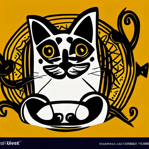 Image similar to tattoo sketch of a one eye cat hugging the sun, on a yellow paper, maori ornament, polinesian style, minimalism, vector