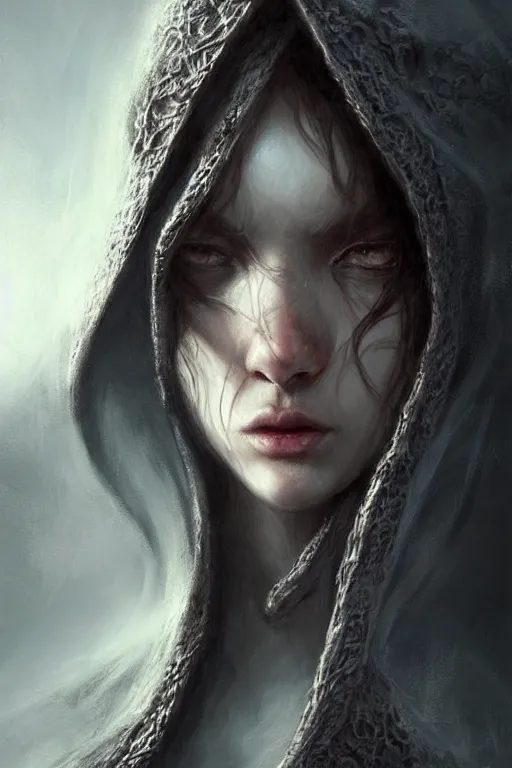 Prompt: Front portrait of hooded mage, full body, fine art, awesome fantasy book cover on Pinterest, award winning, dark fantasy landscape, fantasy magic, intricate, elegant, sharp focus, cinematic lighting, highly detailed, digital painting, concept art, art by WLOP and Artgerm and Greg Rutkowski, masterpiece, trending on artstation, 8K