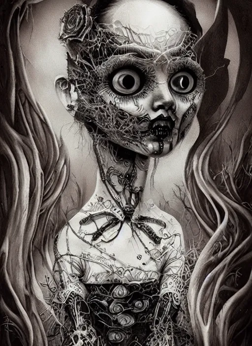 Image similar to portrait of a creepy doll, obsidian eyes, intricate, highly detailed, smooth, digital illustration, the dark and quirky art of scott radke