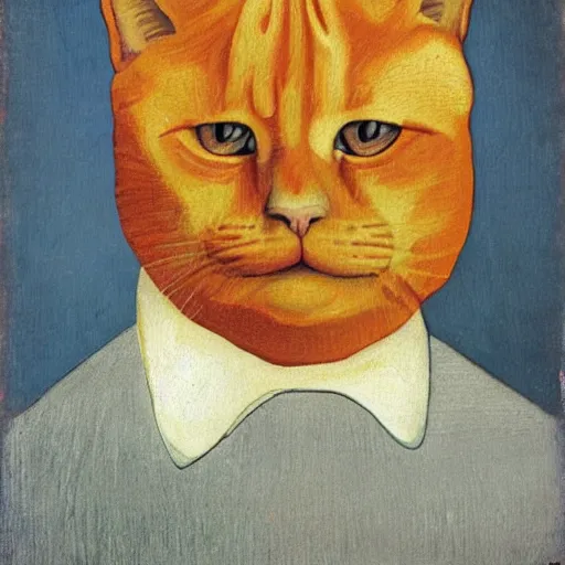 Image similar to fat orange tabby cat next curly haired man, style of american gothic by grant wood