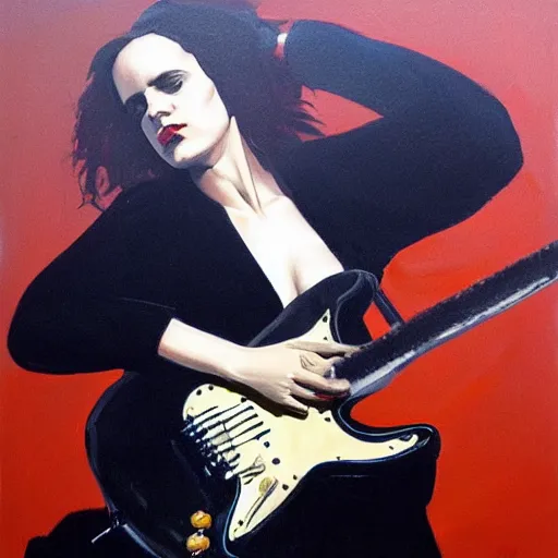 Prompt: Anna Calvi playing electric guitar, oil painting by Phil Hale