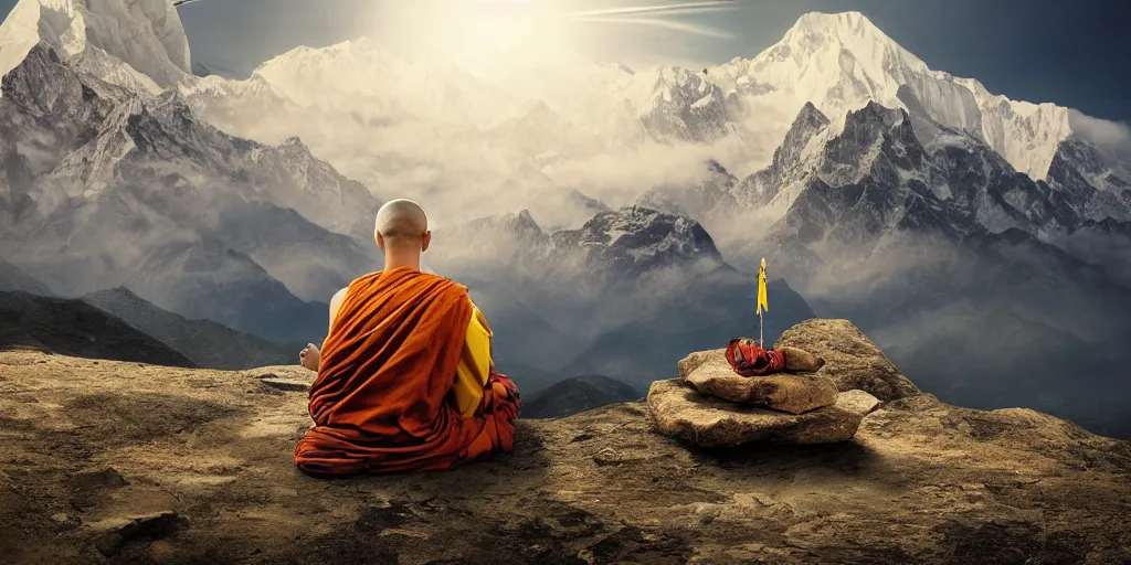 Image similar to oil matte portrait of tibetan monk sitting at a mountain peak praying, with tibetan prayer flags going up the summit, cinematic lighting, deep focus, sharp focus, golden ratio, dramatic illumination, hdr, ultra realistic, 8 k, highly detailed, trending on artstation, epic composition, by caravaggio, by artemisia lomi gentileschi