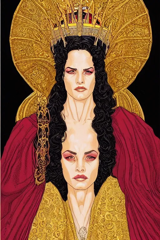 Image similar to Portrait of historically accurate, ancient biblical, sultry, sneering, evil, pagan, wicked, queen jezebel, wearing gilded robes, long hair, intricate, elegant, highly detailed, masterpiece, illustration, art by Jean Giraud, highly detailed, trending on artstation, award winning