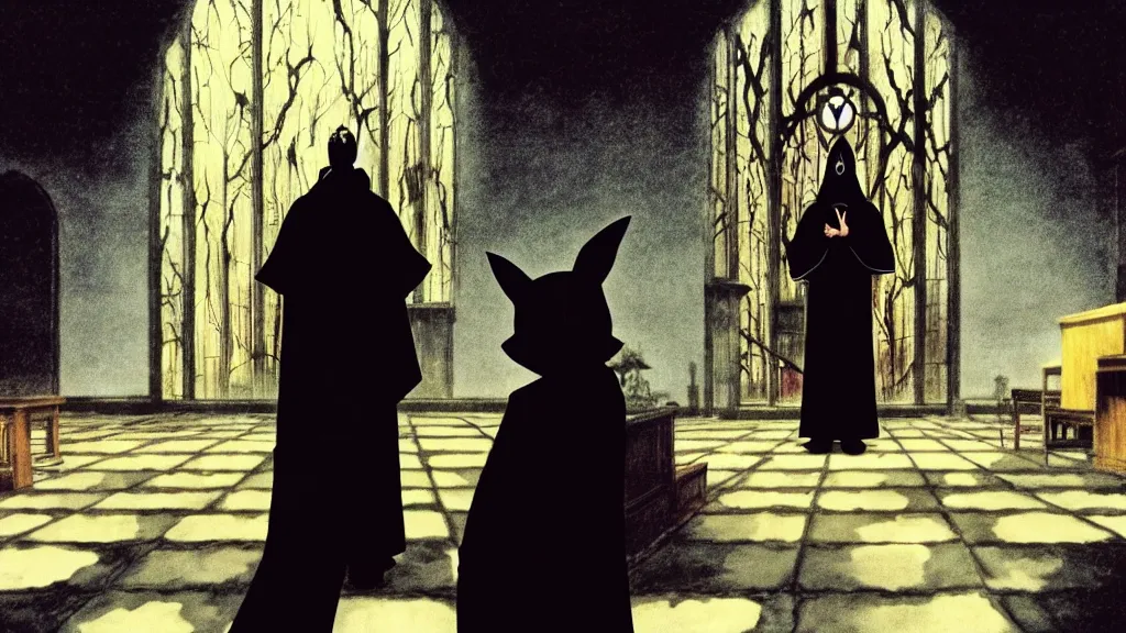 Image similar to a man wearing black priest clothes and a black rabbit mask standing in a black obsidian church, anime film still from the an anime directed by Katsuhiro Otomo with art direction by Salvador Dalí, wide lens