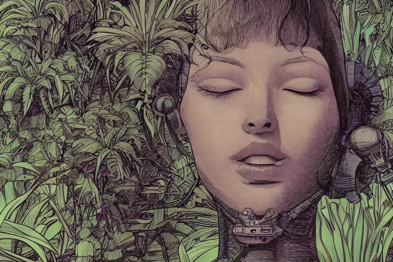 Image similar to gigantic robot - girl head floating in the space, a lot of exotic plants, trees, flowers, oldschool vintage sci - fi flat surreal grainy design, super - detailed, drawing by moebius, hd, 4 k, high quality