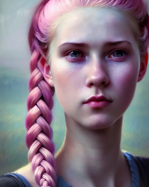 Prompt: young woman with pink hair, in wonderland, beautiful girl, close up portrait, moonlight, highkey, braids, realistic, serov, surikov, vasnetsov, repin, kramskoi, paint texture, low aperature, insanely detailed, charlie bowater, tom bagshaw, octane rendered, unreal engine, illustration, trending on artstation, masterpiece