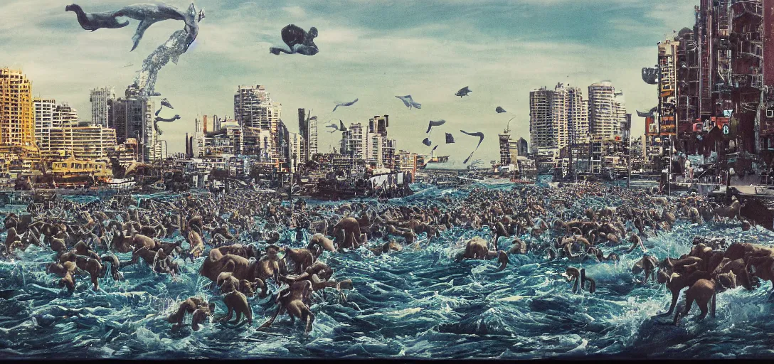 Image similar to apocaliptic Portrait of the city of Mar del Plata with a offshore oil dripping , crowd of sudamericans lions sea, by stephen Shoreand Arthur Adams , epic composition 35mm, 8k