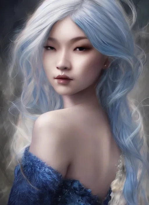 Image similar to a beautiful woman gheisa, 8 k, hyperrealistic, asian hyperdetailed, beautiful face, long blue hair windy, dark fantasy, white skin porcelain, fantasy portrait by laura sava