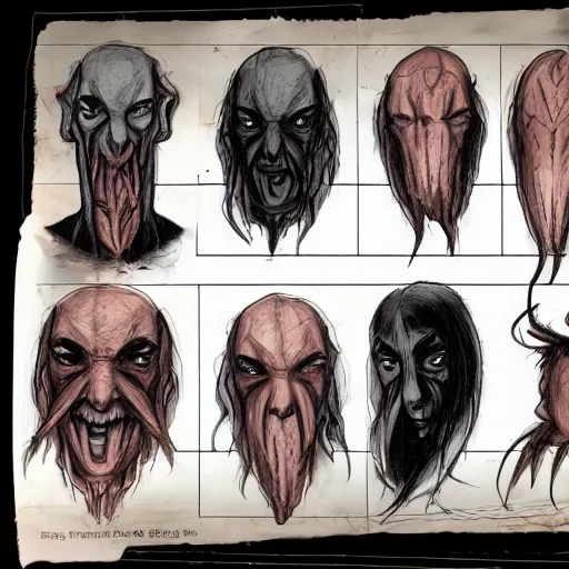 Image similar to various character sheets with character designs for a tall character with a vampire squid for a head made from dark wispy smoke made as an enemy in the silent hill video game franchise