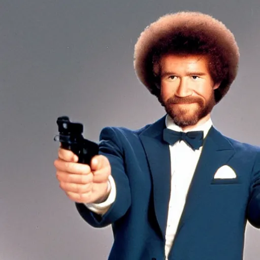 Prompt: Bob Ross as 007, promotional image, pistol in hand