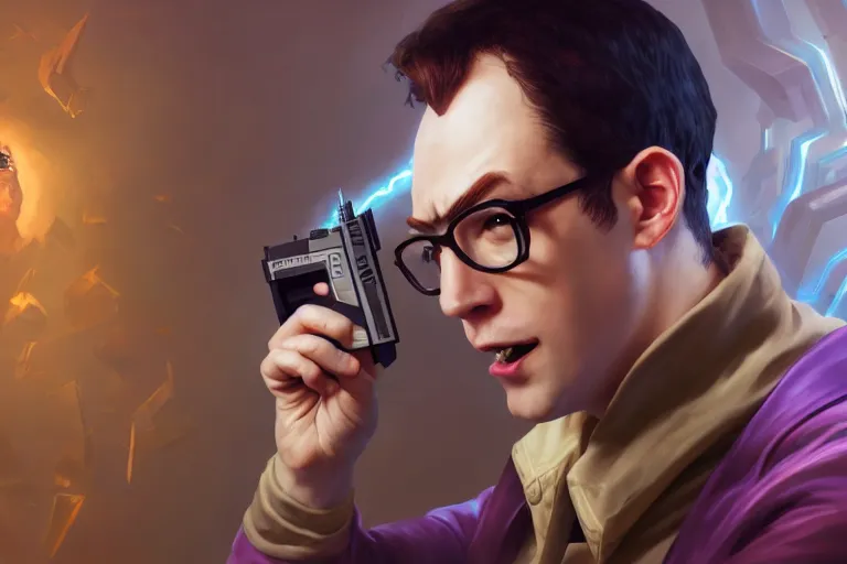 Image similar to portrait of the angry video game nerd, holding nes zapper, detailed fantasy face, rule of thirds, league of legends splash art, path traced, enigmatic lighting, beige gradient, shinji aramaki, karol bak, alphonse mucha, colin searle, artstation, ray tracing, octane unreal engine 5, digital painting