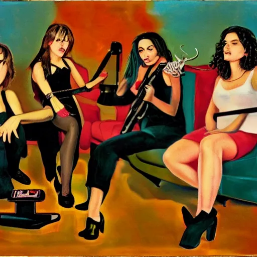 Image similar to rock band sitting on couches with girls surrealism