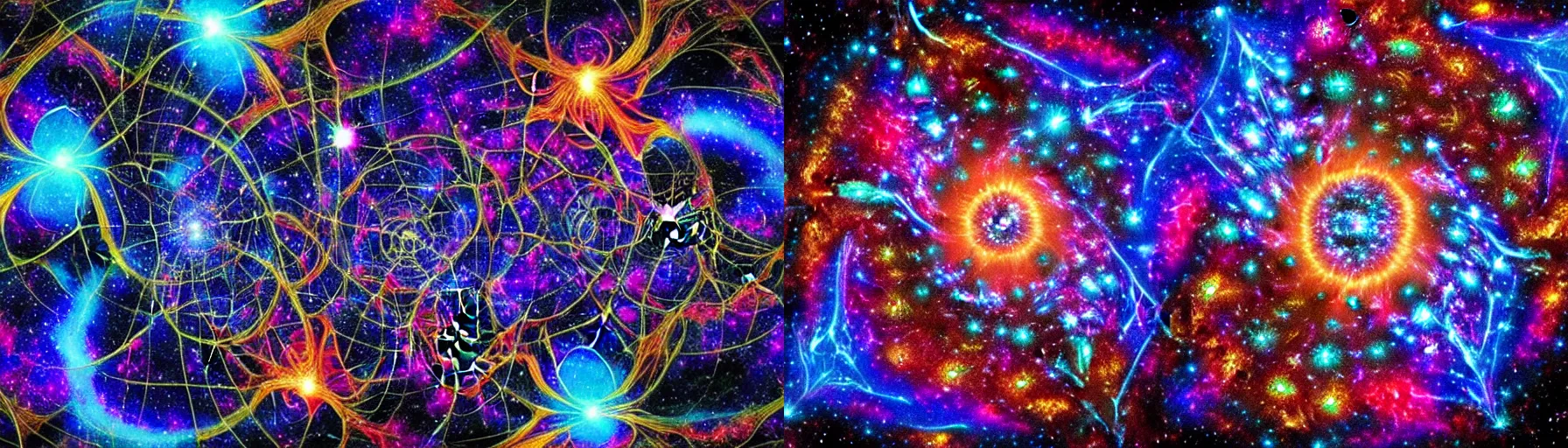 Image similar to a galaxy exploding, psychedelic colors, a blacksmith swinging his hammer at his forge, realistic reflections, body building blacksmith, stars, psychedelic patterns, fractal, rippling fabric of reality, the spider that weaves the web of time