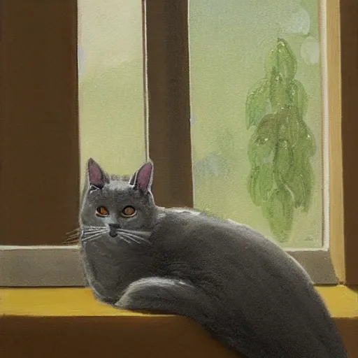 Prompt: a fat gray cat and a skinny white spotted cat sitting in a windowsill, looking outside in the rain, painted by tor Lundvall