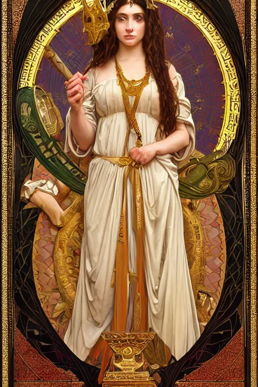 Image similar to Portrait of historically accurate, biblical, sneering, young, wicked, terrible, evil, pagan, beautiful, queen jezebel of ancient Israel, wearing gilded robes, long hair, intricate, elegant, highly detailed, masterpiece, illustration, art by artgerm and greg rutkowski and alphonse mucha and Wayne Barlowe and william-adolphe bouguereau, highly detailed, trending on artstation, award winning