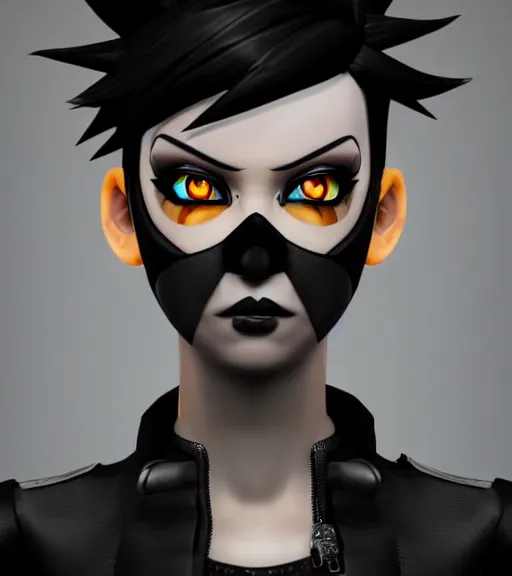 Prompt: tracer from overwatch, wearing black lipstick and black eyeliner, goth outfit, black hair, 4 k, detailed face, smirky expression, detailed face, focus on eyes, blur,