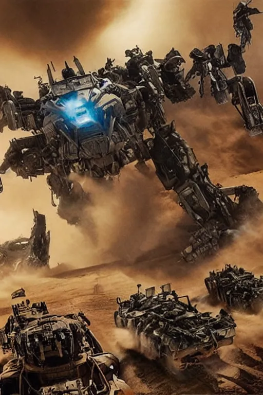 Image similar to epic sandstorm battle, Action, movie pacific rim, in the Movie transformers, in the Movie Mad Max: Fury Road (2015), by drew struzan