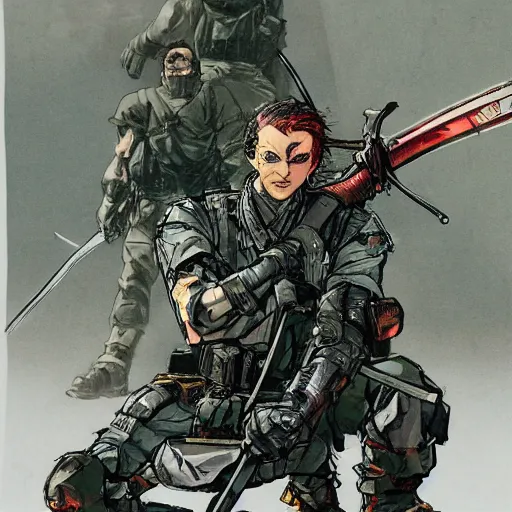 Image similar to hero sitting on a chair holding a sword on his back, looking at a army in the background illustrated by yoji shinkawa, pencil art, extra detail, dynamic, colored, blood, metal swords