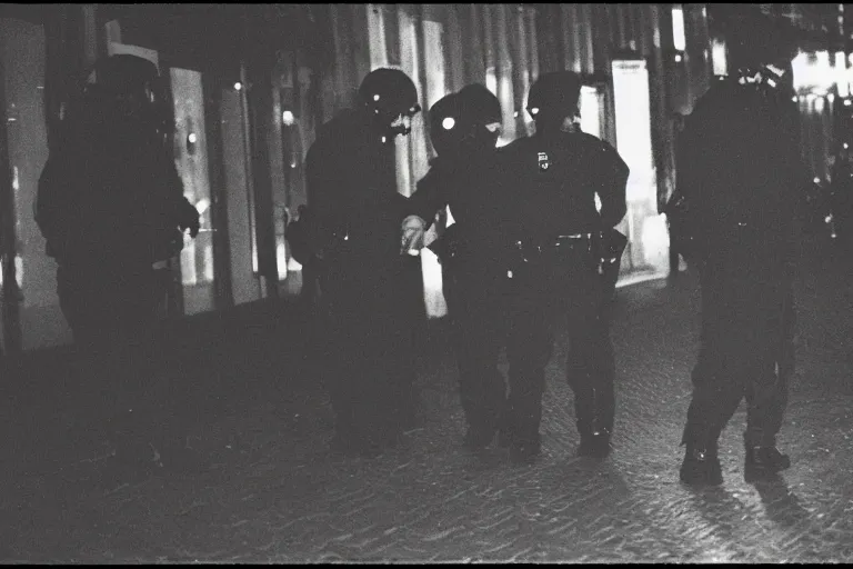 Prompt: photography of a hacker being arrested in amsterdam at night, frank miller, henri cartie bresson