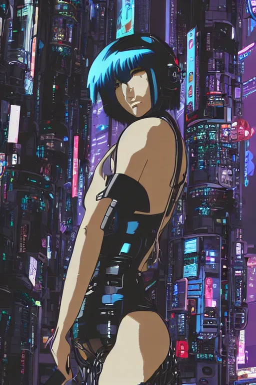 Image similar to beautiful cyberpunk anime style illustration of motoko kusanagi seen in a tech labor with her back open showing a complex mess of cables and wires, by masamune shirow and katsushiro otomo, studio ghibli color scheme