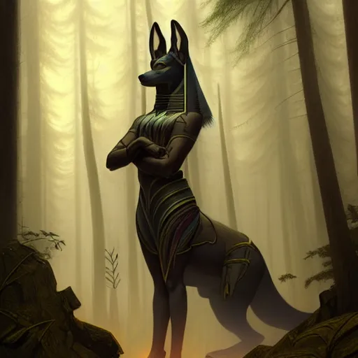 Image similar to long shot photo of anubis in the foggy forest, foggy bottom, highly detailed, digital painting, artstation, smooth, sharp focus, illustration, art by artgerm and greg rutkowski and alphonse mucha