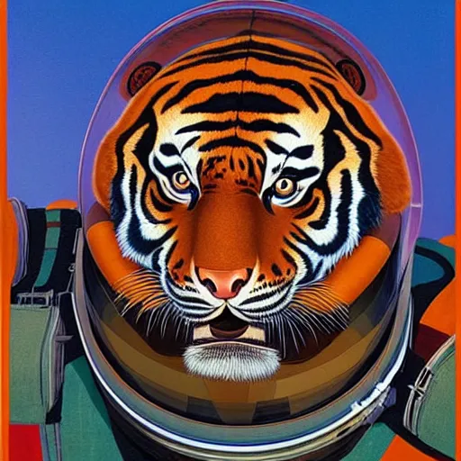 Image similar to Portrait of a Tiger astronaut wearing helmet in the style of James Gilleard, Zdzislaw Beksinski, Mark Ryden, Wolfgang Lettl highly detailed, hints of Yayoi Kasuma