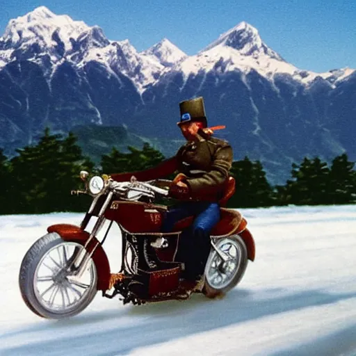 Prompt: napoleon crossing the alps on a harley davidson