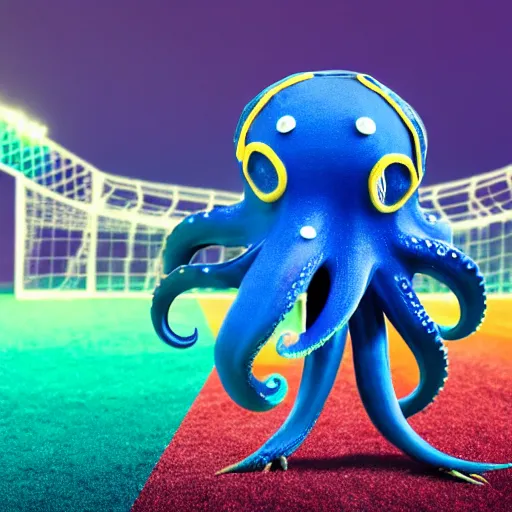 Image similar to a friendly large octopus playing soccer, on a soccer field, realistic photo, award winning photo, ultra wide shot, 3 5 mm, bokeh, blurred background, colorful lights, golden ratio