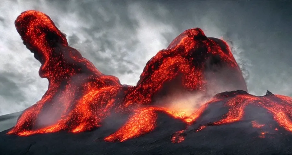 Prompt: a volcano made of ivory vines and crimson rocks enters in eruption, it spits a smoke in the shape of demonic eye, from FF7