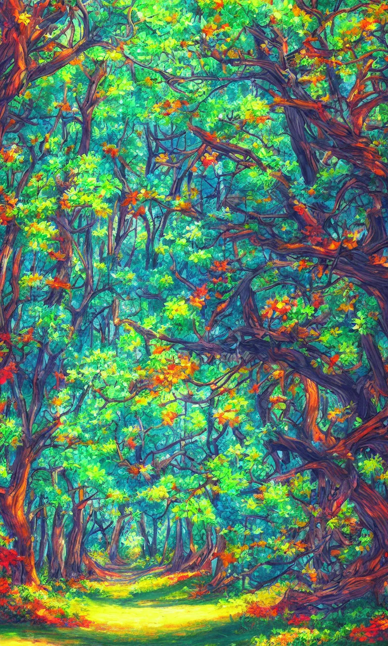 Prompt: a detailed painting in the style of anime of a colorful forest