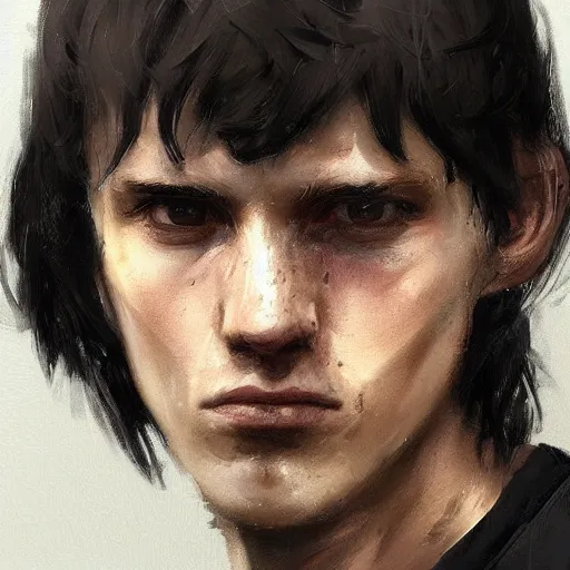 Image similar to Portrait of a man by Greg Rutkowski, he is about 18 years old, british, short black hair with bangs, young, pale, tall and slim, tired look, he's wearing a black adidas tracksuit, highly detailed portrait, scifi, digital painting, artstation, concept art, smooth, sharp foccus ilustration, Artstation HQ