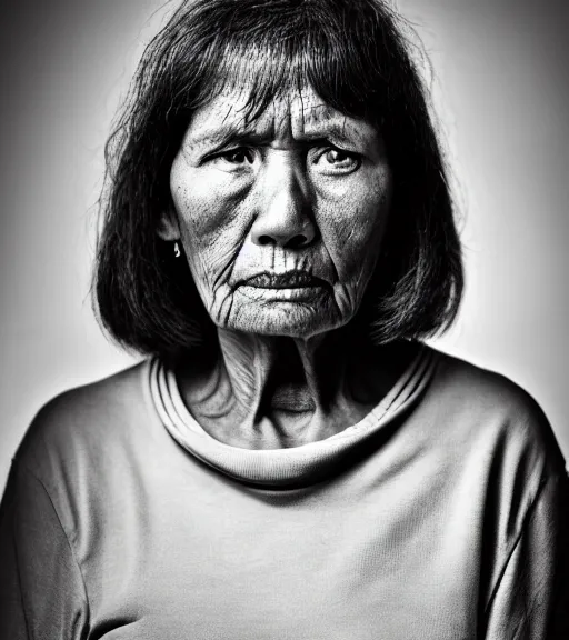 Prompt: portrait of my mum, angry look, dark background, studio light, hdr, nikon 2 4 mm f / 1. 8 g, by sebastiao salgado